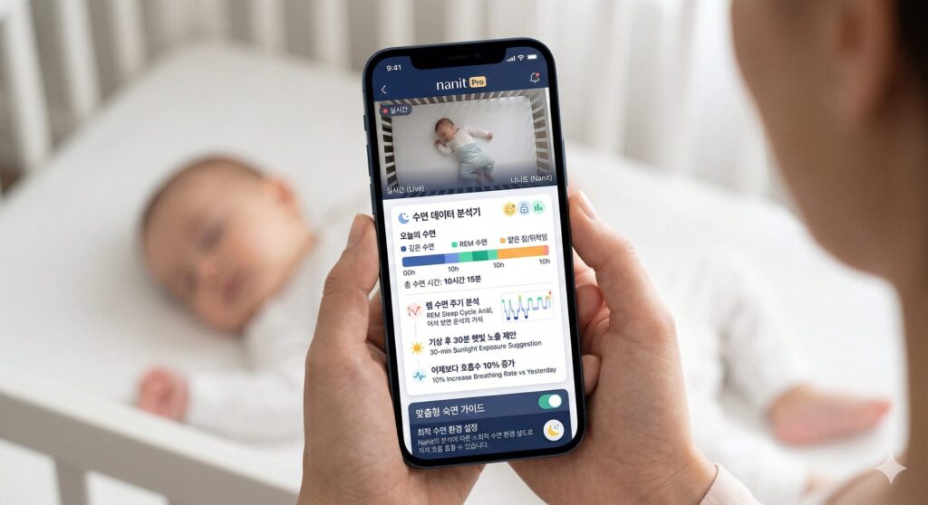 Nanit 앱으로 수면 데이터 분석기를 읽는 화면