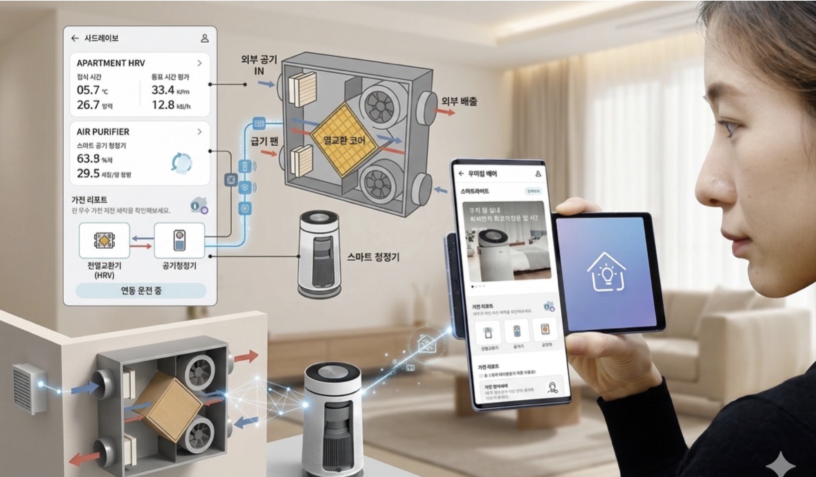 LG ThinQ AI와 전열교환기를 이용한 아파트 환기 시스템 도식